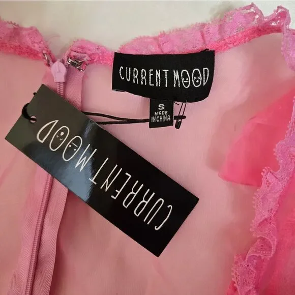 NEW‎ Dolls Kill pink sheer lace kawaii Pretty Imperfect tiered maxi dress gown S - Picture 5 of 10